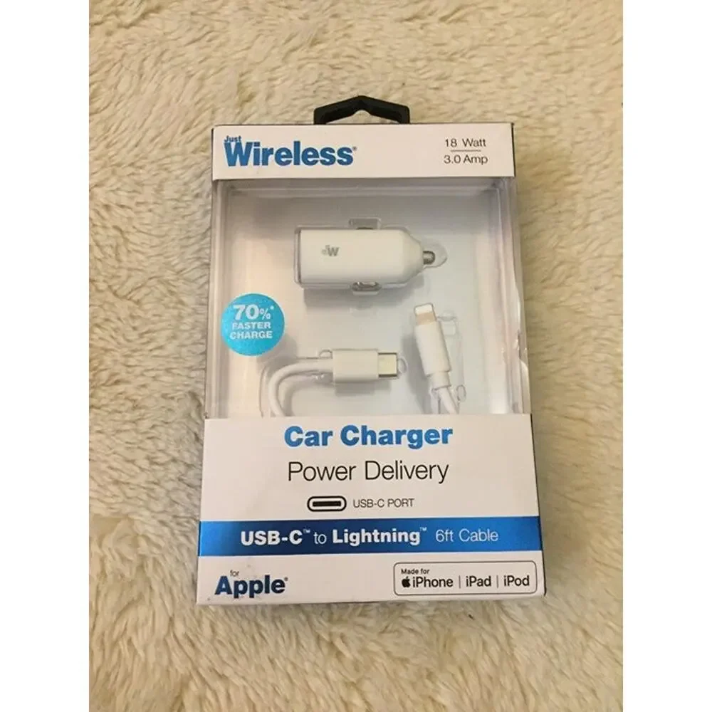 Just Wireless 3A/18W Car Charger-6ft Lightning to USB-C PD Cable